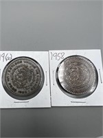 1958, 1962 Silver Un Peso Mexican Coins