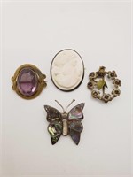 (KC) vtg Brooches - Cameo, Abalone, and CZ (1" to