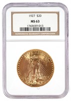 1927 $20 US Double Eagle Gold Coin NGC MS 63