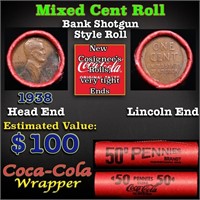 Mixed small cents 1c orig shotgun roll, 1938-p Lin