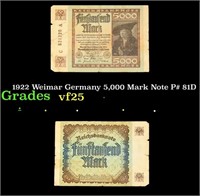 1922 Weimar Germany 5,000 Mark Note P# 81D Grades