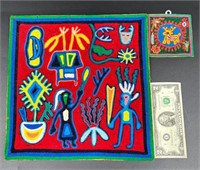 2 Textile Original Huichol Yarn Art Pieces