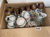 Box Lot of Pottery Glass and Metal Dishes