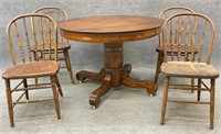 42in Oak Pedestal Table w/ 4 Chairs