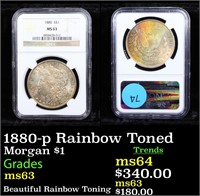 1880-p Rainbow Toned Morgan $1 Graded ms63