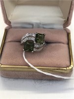 Dual large Green stone Ring Size 7 1/2 .925 silver