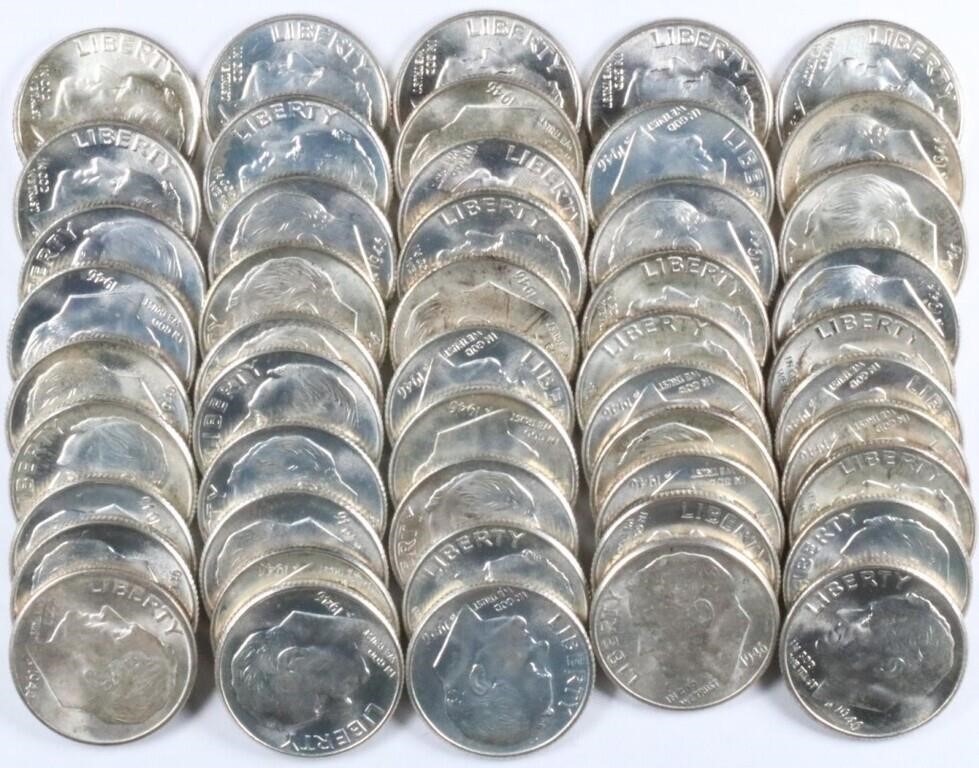 Tube of 50: 1946 BU 90% Silver Dimes