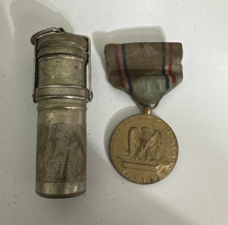 WWII Era items - good conduct pin and metal match