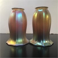 PAIR GOLD IRIDESCENT GLASS LAMP SHADES