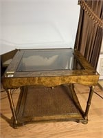 WOOD AND GLASS VINTAGE SIDE TABLE 21" X 22" X 27"
