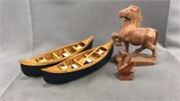 2 Wood Canoes, Horse And Bird Figures