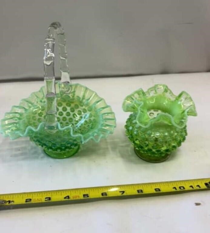 Fenton? Vtg Green Ruffled Basket Art Glass Lime