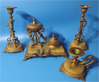 Antique French Brass & Onyx Desk Set
