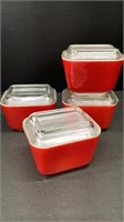 4 Pyrex red mini fridge/ bakers w lids
