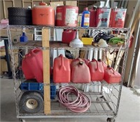 Metal cart with jerry cans, partial oils, 3 tires