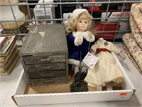 Vintage Dolls, Metal Storage Bin, and Mail Spike