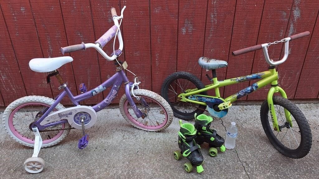 2 KIDS BIKES & QUICK FIT ROLLER SKATES SZ. 12-2