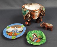 Japanese Satsuma Ashtrays and Elephant Figurine