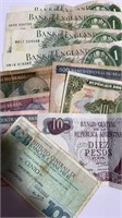 Assorted Foreign Currency Bills Pounds Pesos