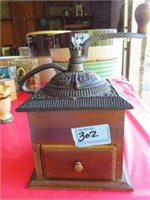 COFFEE MILL WITH CAST IRON TOP, WOOD BASE