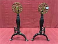 Pair of wrought iron and brass andirons. Circa