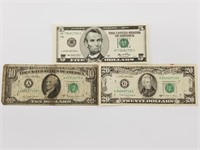 Old US bill designs, 1990 $20, 1977 $10 heavily ci
