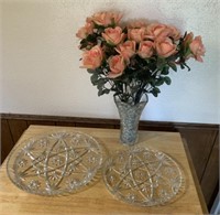 2 Glass Serving Platters and Vase