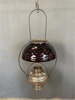 Vintage Hanging Light with Dark Red Hobnail