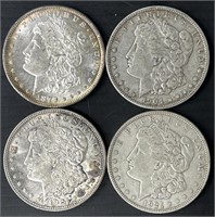 4 Morgan US Silver Dollars 1879-S, ‘04, ‘21, ‘21-D