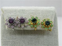 Vintage 2 Pr. Rhinestone Blossom Earrings, Clip Go