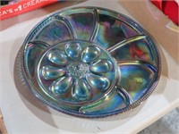 13" BLUE IRIDESCENT CARNIVAL GLASS EGG/RELISH TRAY