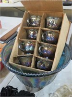 BLUE IRIDESCENT CARNIVAL  PUNCH BOWL W/ (8)CUPS