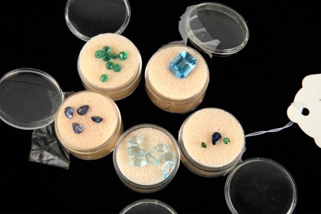 5 Vials of gemstones - Emeralds, Topaz ...