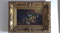 Antique gold fancy framed oil painting of bowl of