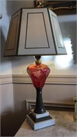 Ruby glass oil lamp converted to electric, grape