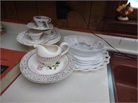 Group of milk glass, small opalescent dish, tea