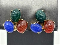 Antique 12K GF Carved Scarab Gemstone Earrings