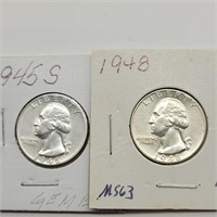 1945 S & 1948 WASHINGTON SILVER QUARTERS MS63