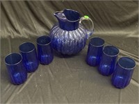 Cobalt Blue Pitcher with 6 Glasses