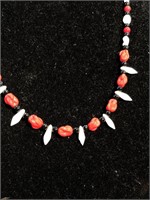 Unusual glass bead necklace with red black and