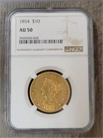 1854 $10 Gold Liberty Head Coin: NGC AU50