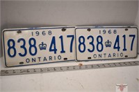 Set of 1968 Ontario Lic. Plates