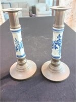 Vintage Solid Brass Blue White Porcelain