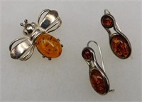 Sterling Silver Amber Earrings & Bee Brooch