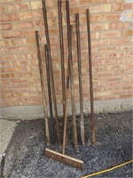 Broom, large pinch bars tool lot.