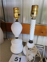 Two hobnail milk glass lamps
