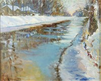 Robert Eberle, Indiana, "Icy Canal" Oil on Canvas