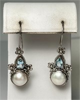 Large Sterling Balinese Blue Topaz/Pearl Earrings