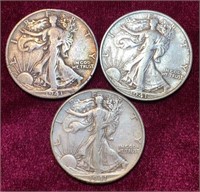 1941-P, D & S Liberty Standing Half Dollar Coins