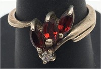 Sterling Silver Ring W Clear & Red Stones